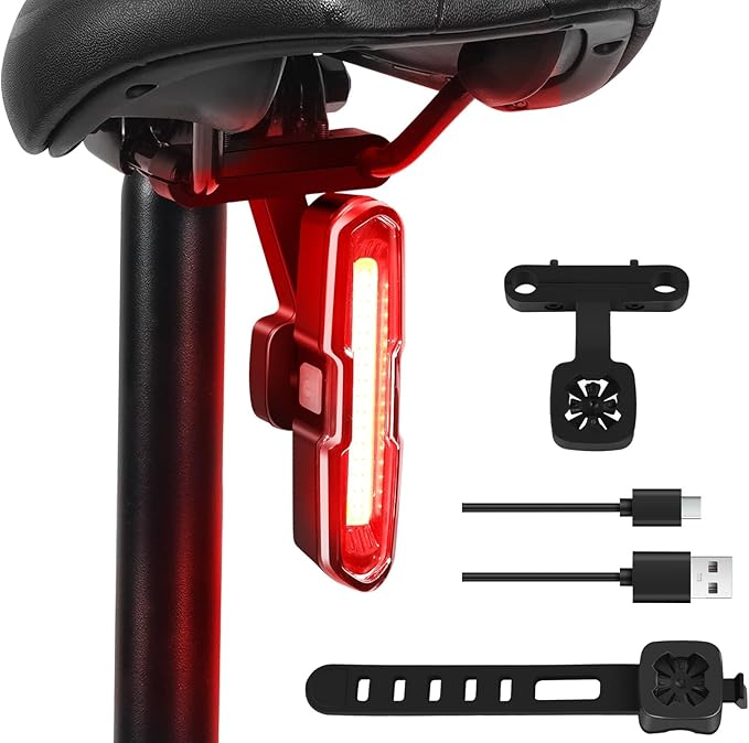 Bike Tail Light Powerful 110 Lumens - Bicycle Light 5 Modes Red/Blue, Waterproof IP64, Rechargeable USB-C, Quick Release Brackets for Saddle & Seatpost