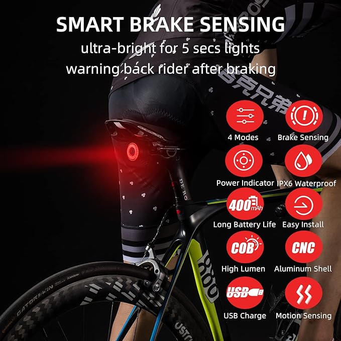 Bike Tail Light Smart,Brake Sensing Bicycle Rear Lights for Night Ride,Ultra Bright LED Back Lights,Type C USB Rechargeable,IPX6 Waterproof,Cycling Safety Taillight Accessories