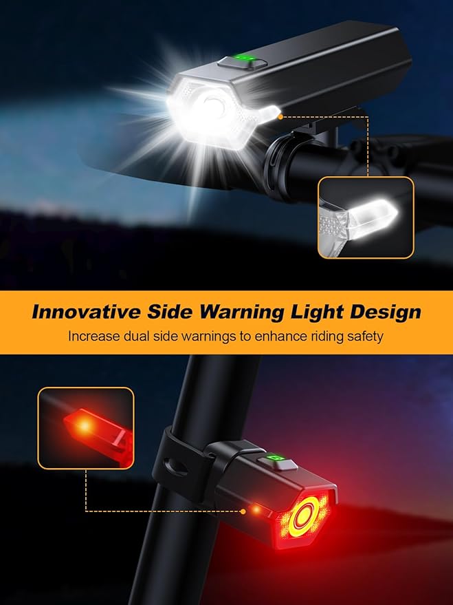 1000 Lumen Super Bright Bike Lights, 4+6 Modes Rechargeable Bicycle Lights Front & Rear with Side Lights, IP65 Waterproof & 360°Rotatable Bike Headlight for Day/Night Riding Safety