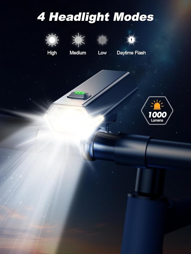 1000 Lumen Super Bright Bike Lights, 4+6 Modes Rechargeable Bicycle Lights Front & Rear with Side Lights, IP65 Waterproof & 360°Rotatable Bike Headlight for Day/Night Riding Safety