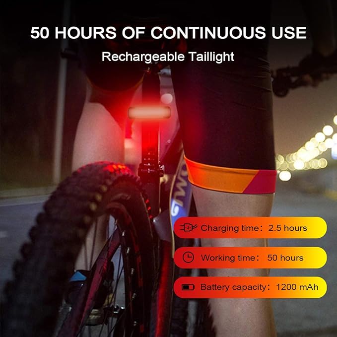 USB Rechargeable Bike Tail Light 2 Pack,1200mAh Runtime 50 Hours,Ultra Bright LED Bike Rear Light,5 Light Mode Options,IPX5 Waterproof(2 USB Cables Included)