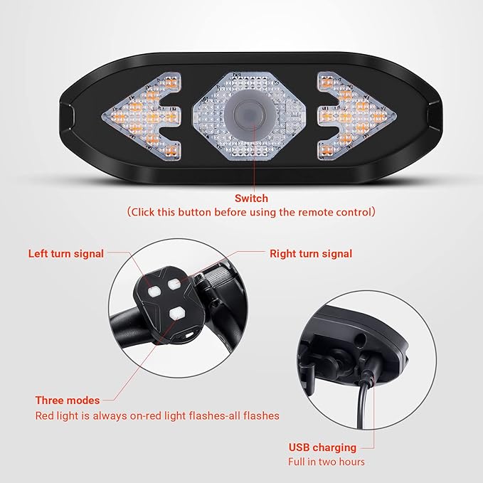 Bike Tail Light with Turn Signals Wireless Remote Control Waterproof Bicycle Rear Light Back USB Rechargeable Ultra Bright Safety Warning Cycling Taillight for Night