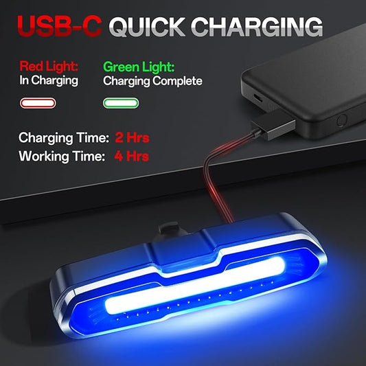 Bike Tail Light Powerful 110 Lumens - Bicycle Light 5 Modes Red/Blue, Waterproof IP64, Rechargeable USB-C, Quick Release Brackets for Saddle & Seatpost