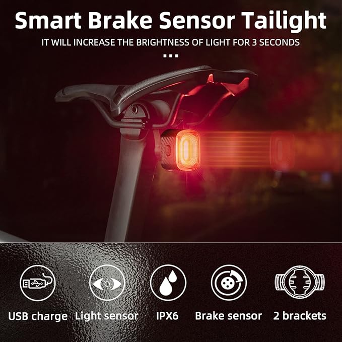 Smart Bike Tail Light for Night Riding Brake Sensing Bicycle Rear Lights USB Rechargeable IPX6 Waterproof Bright LED Bike Light 260mah Cycling Safety Road BikeTaillight Accessories 4 Modes