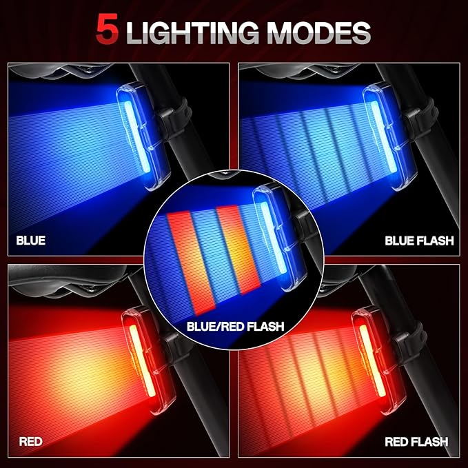 Bike Tail Light Powerful 110 Lumens - Bicycle Light 5 Modes Red/Blue, Waterproof IP64, Rechargeable USB-C, Quick Release Brackets for Saddle & Seatpost